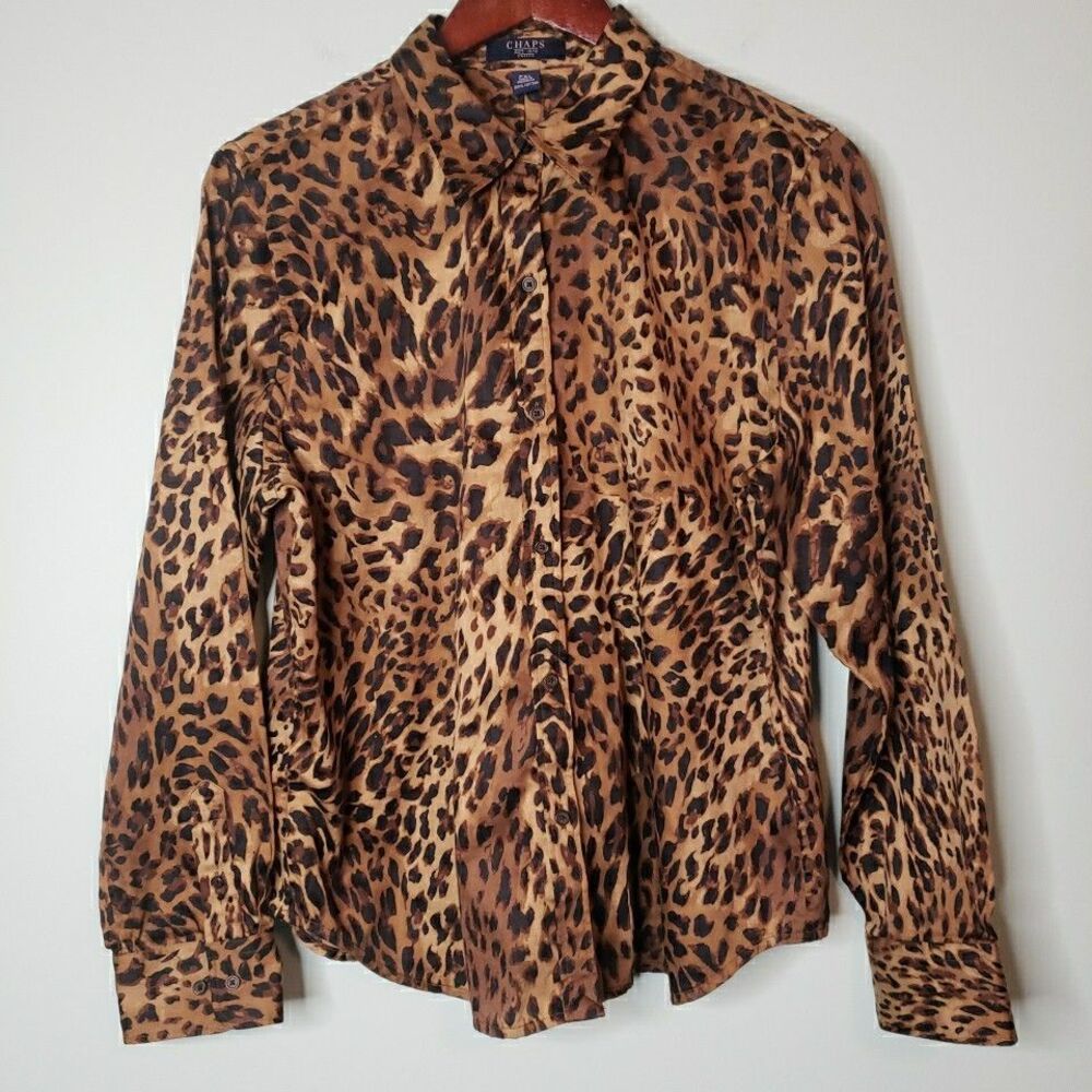 Chaps Womens Button Up Dress Shirt Sz Petite XL Long Sleeve Leopard Animal Print